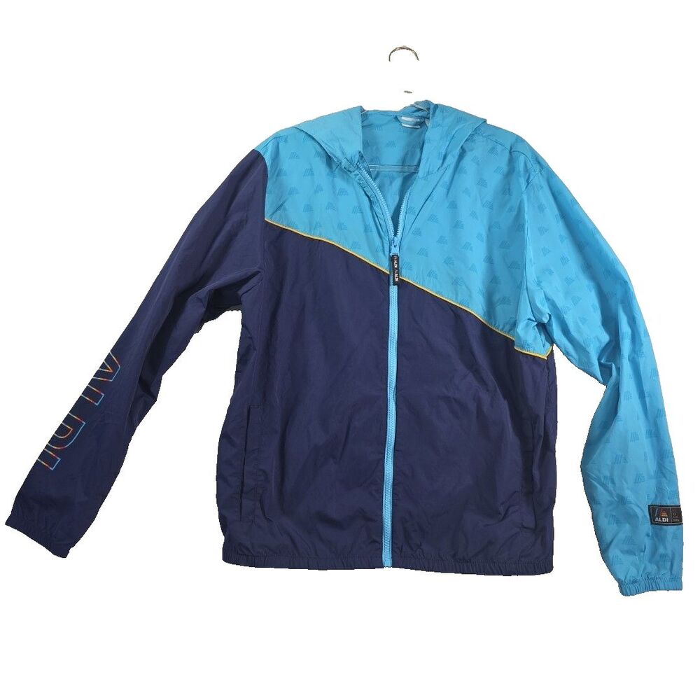 Aldi Gear Windbreaker Full Zip Hooded Jacket 2024 Unisex Size Med Pockets Blue